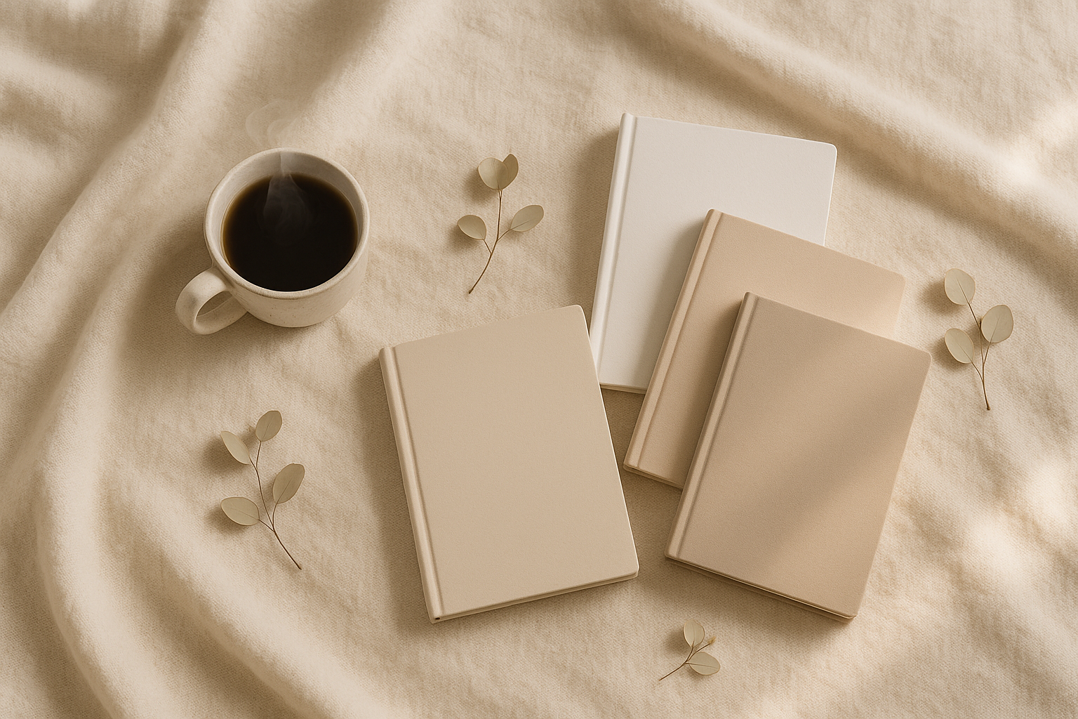 i want a minimalist aesthetic photo of journals, maybe on a cozy blanket with some tea or something like that